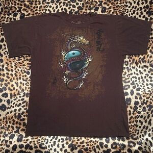 Vintage Y2K Glorified Brown Dragon & Yin Yang Print Tee Shirt
